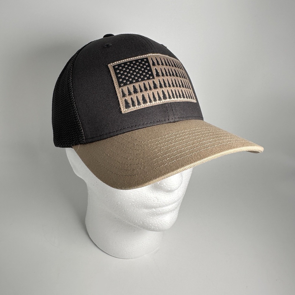 Columbia Tree Flag Patch Trucker Hat Black Tan Mesh Back Outdoors S M